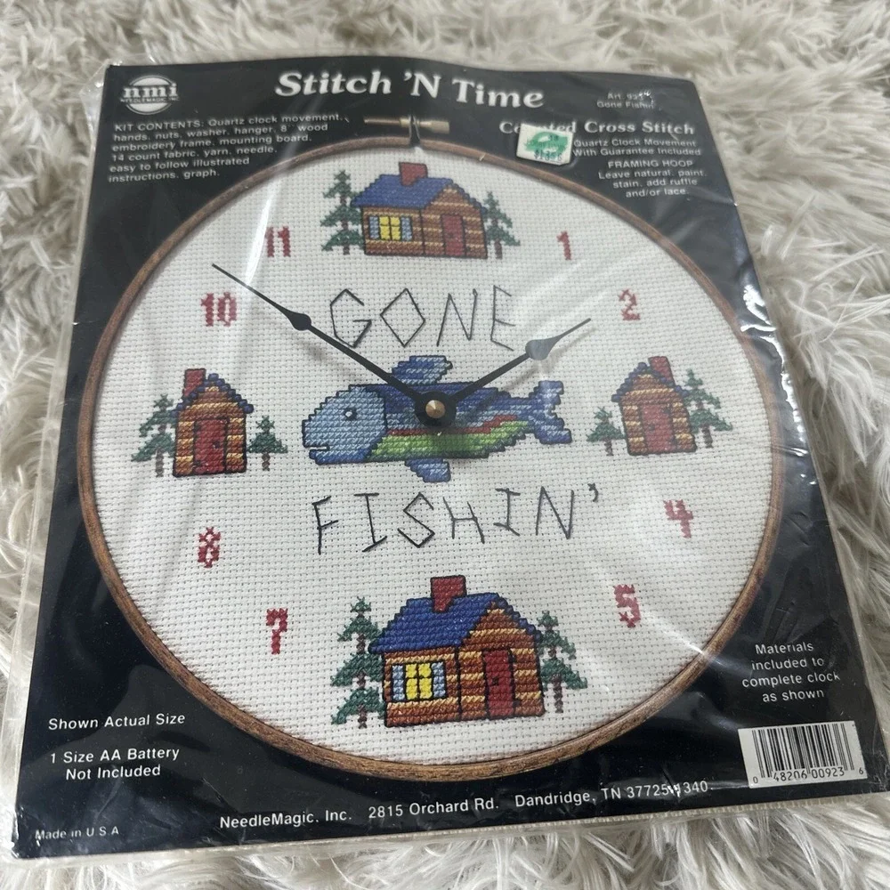 (2) VTG Stitch 'N Time 5953 On Time Tracks 923 Gone Fishin' Cross Stitch Clock